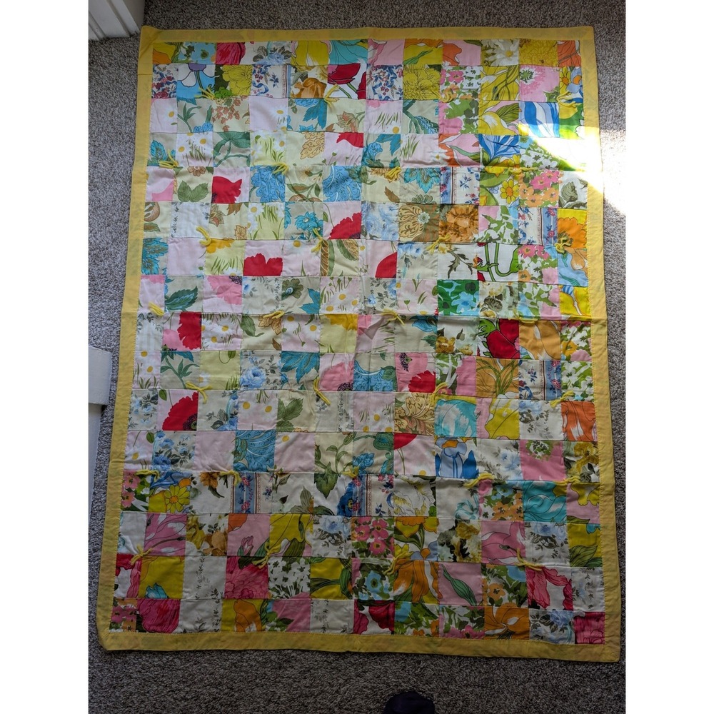 Handmade Patchwork Yellow Quilt 53x41 Multi Color Floral 70s Vintage Cottagecore